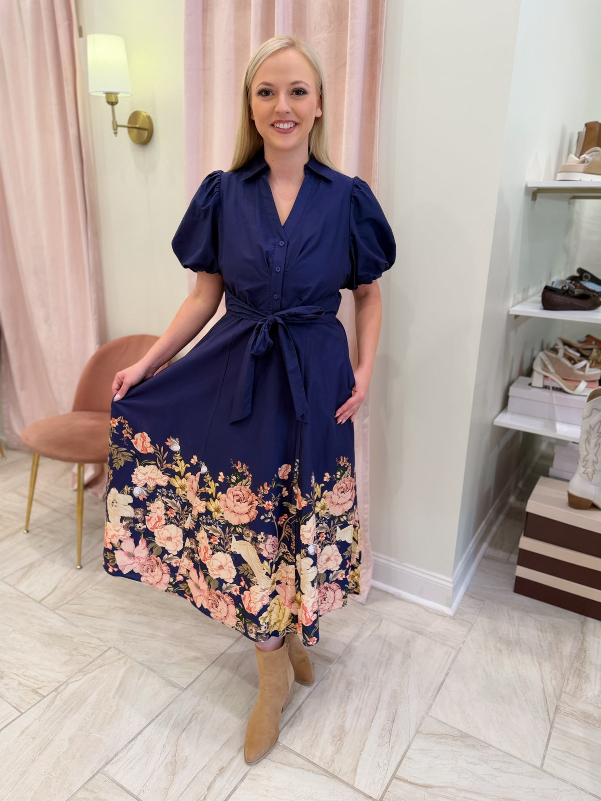 Navy Maxi Dress With Floral Details