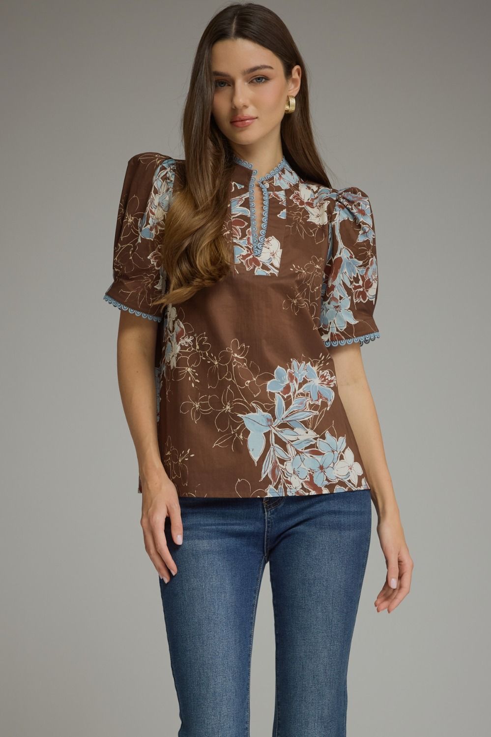 Brown Floral Print Puff Sleeve Top