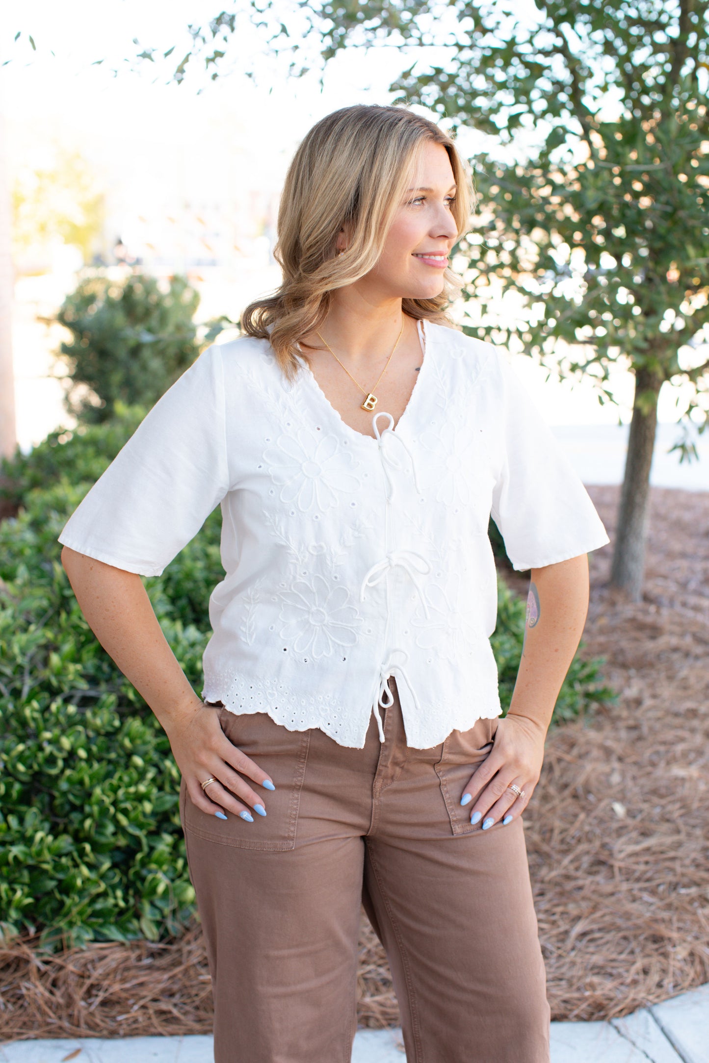V-Neck Cardigan with Self Ties-White