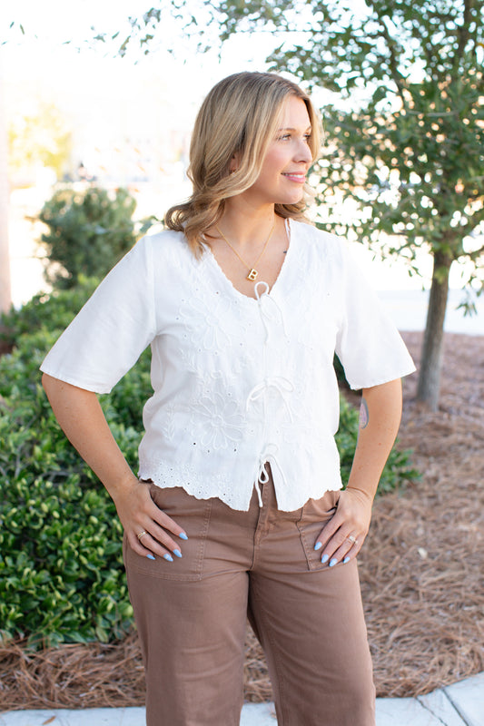 V-Neck Cardigan with Self Ties-White