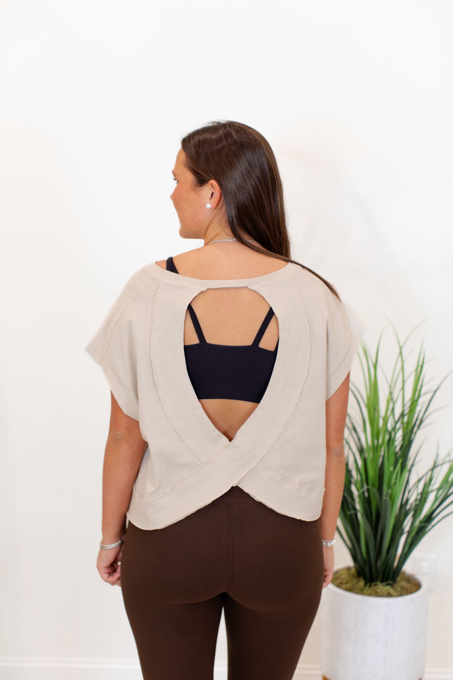 Sand Beige Cotton Slub Open Back Top