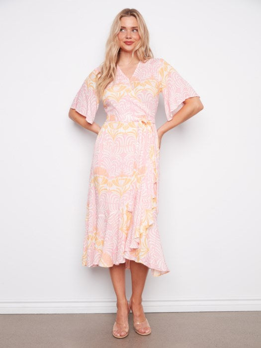 Printed Flutter Elbow Sleeve Fake Wrap Dress With Self Belt