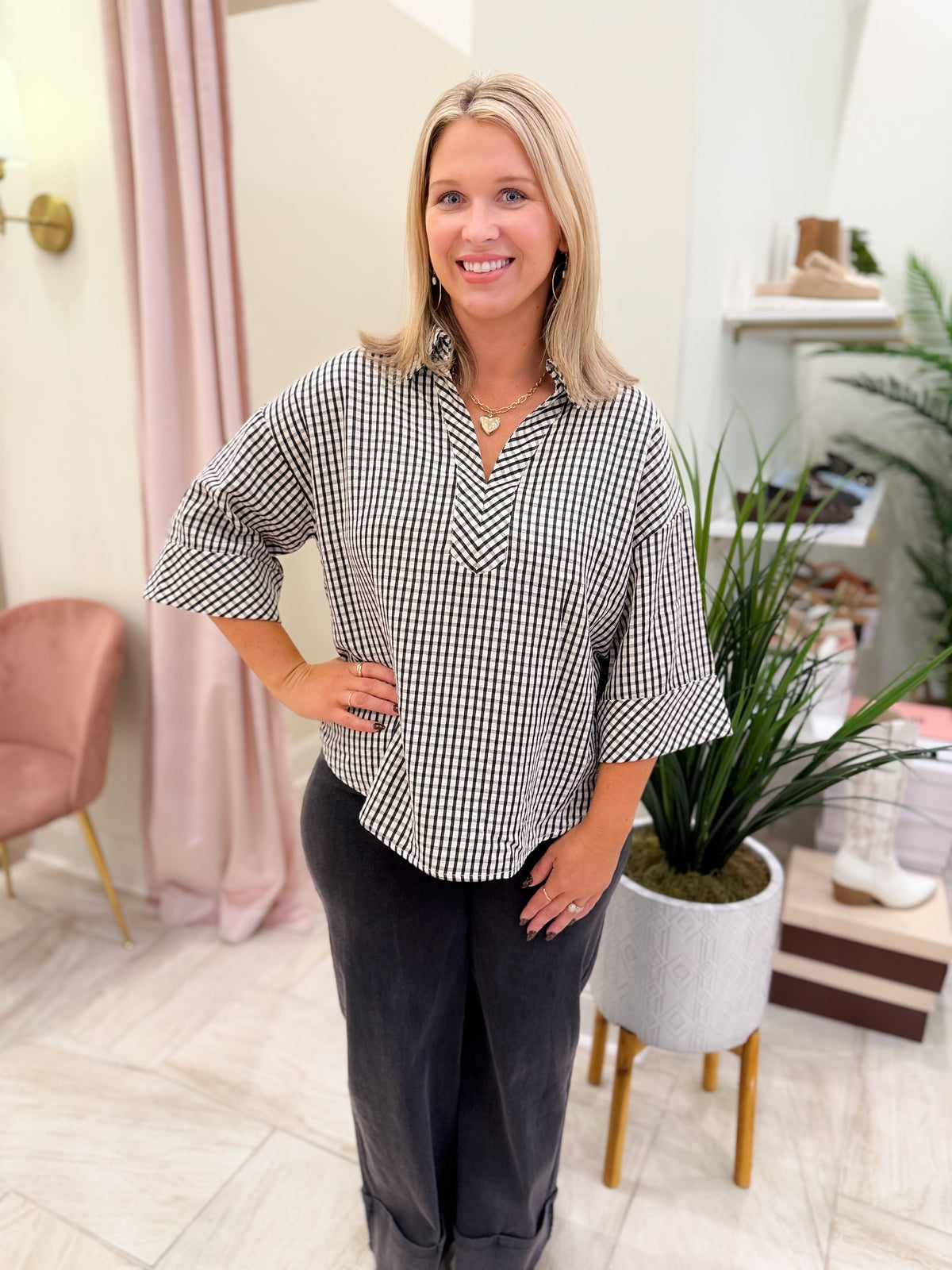 Black Gingham 3/4 Sleeve Top