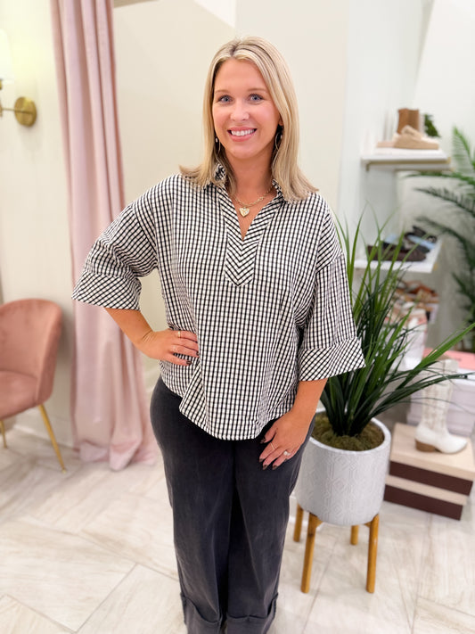 Black Gingham 3/4 Sleeve Top