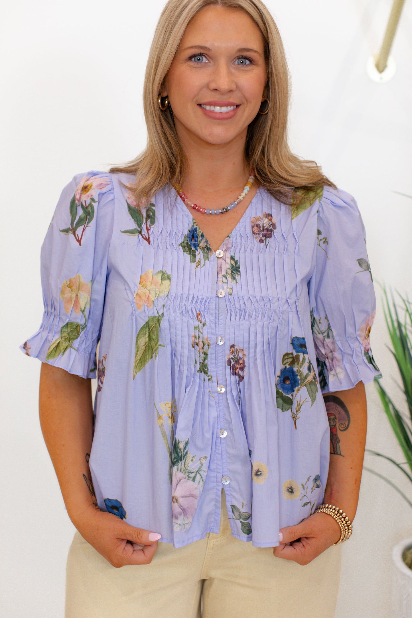 Blue Floral Button Up Top