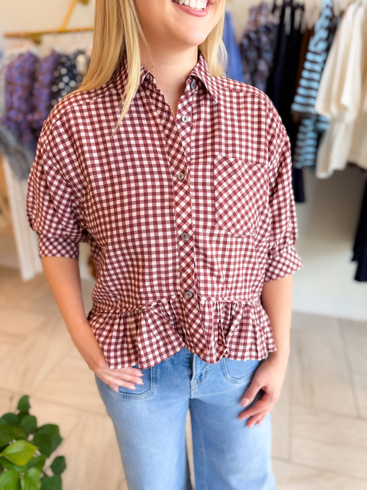 Gingham Collared Elbow Sleeve Top With Peplum Hem