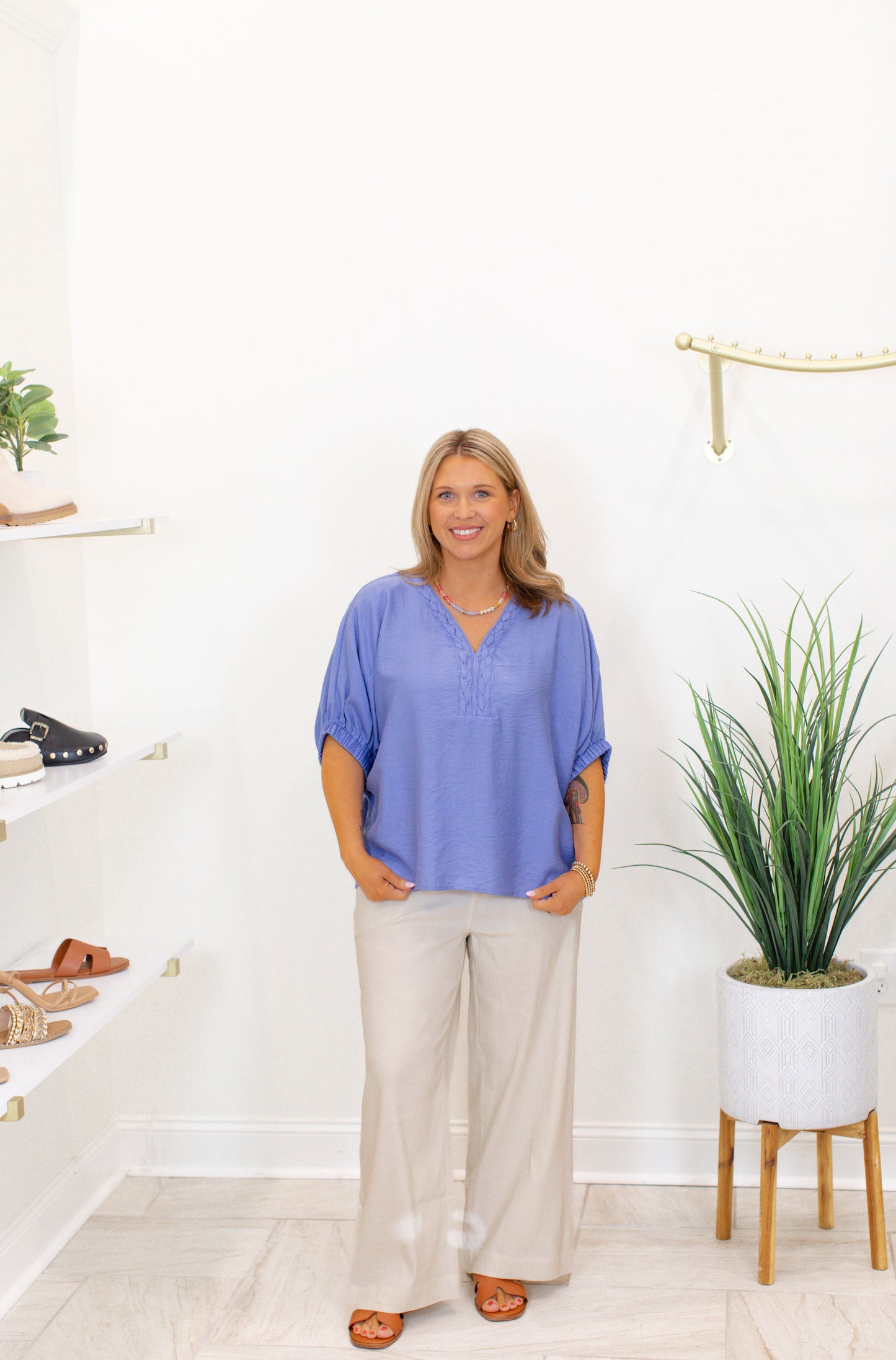 Solid Dolman Top Featuring V-Neck - Chambray