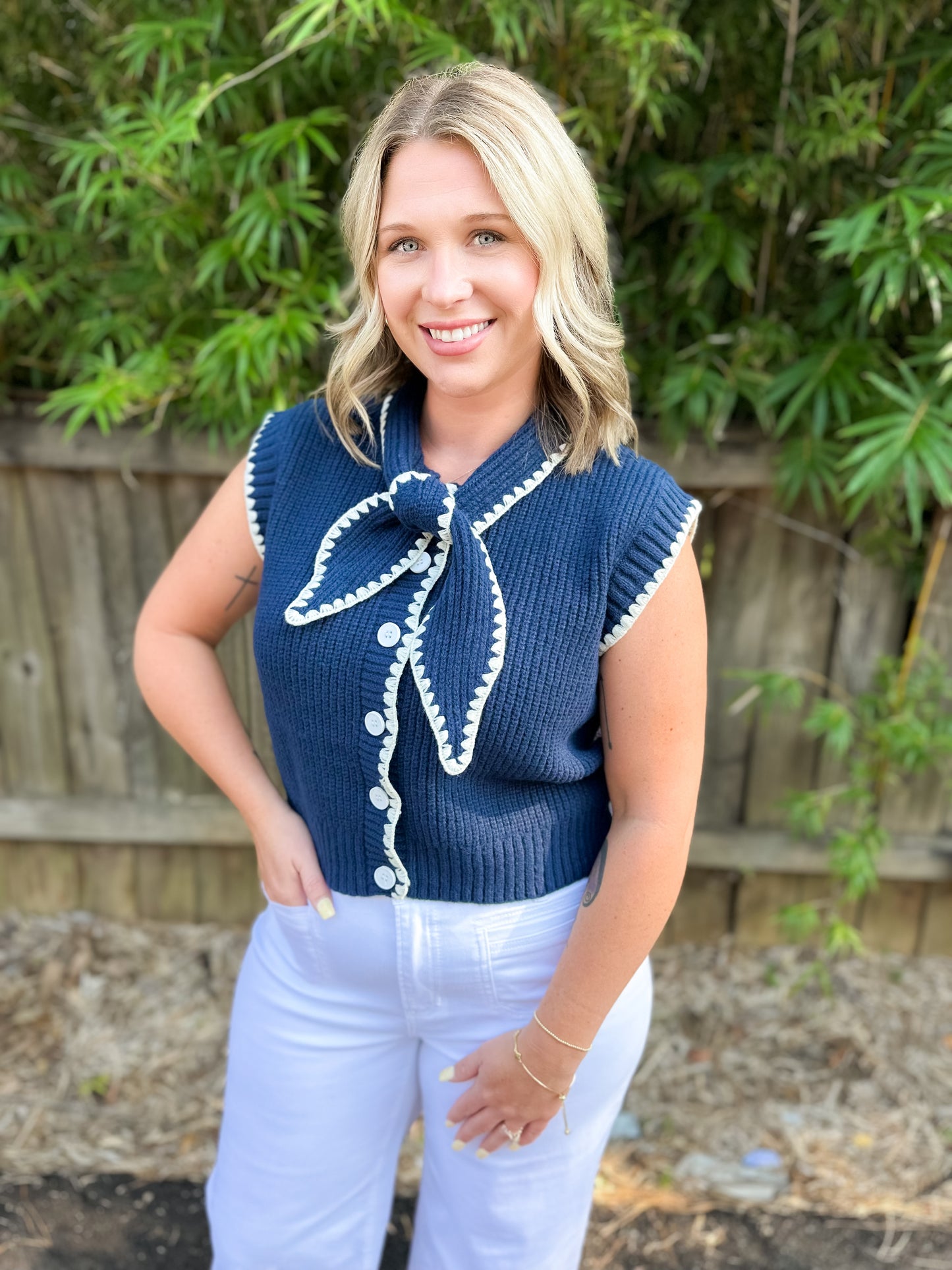 Tie Neck Sweater Vest With Contrast Stitching