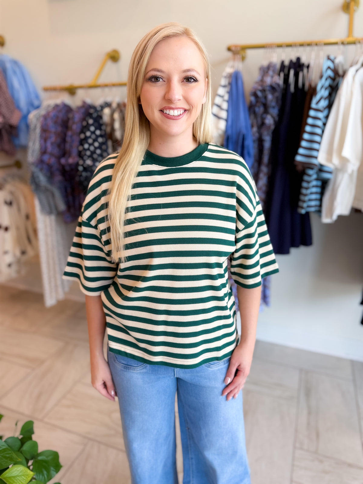 Green/Cream Striped Short Sleeve Top
