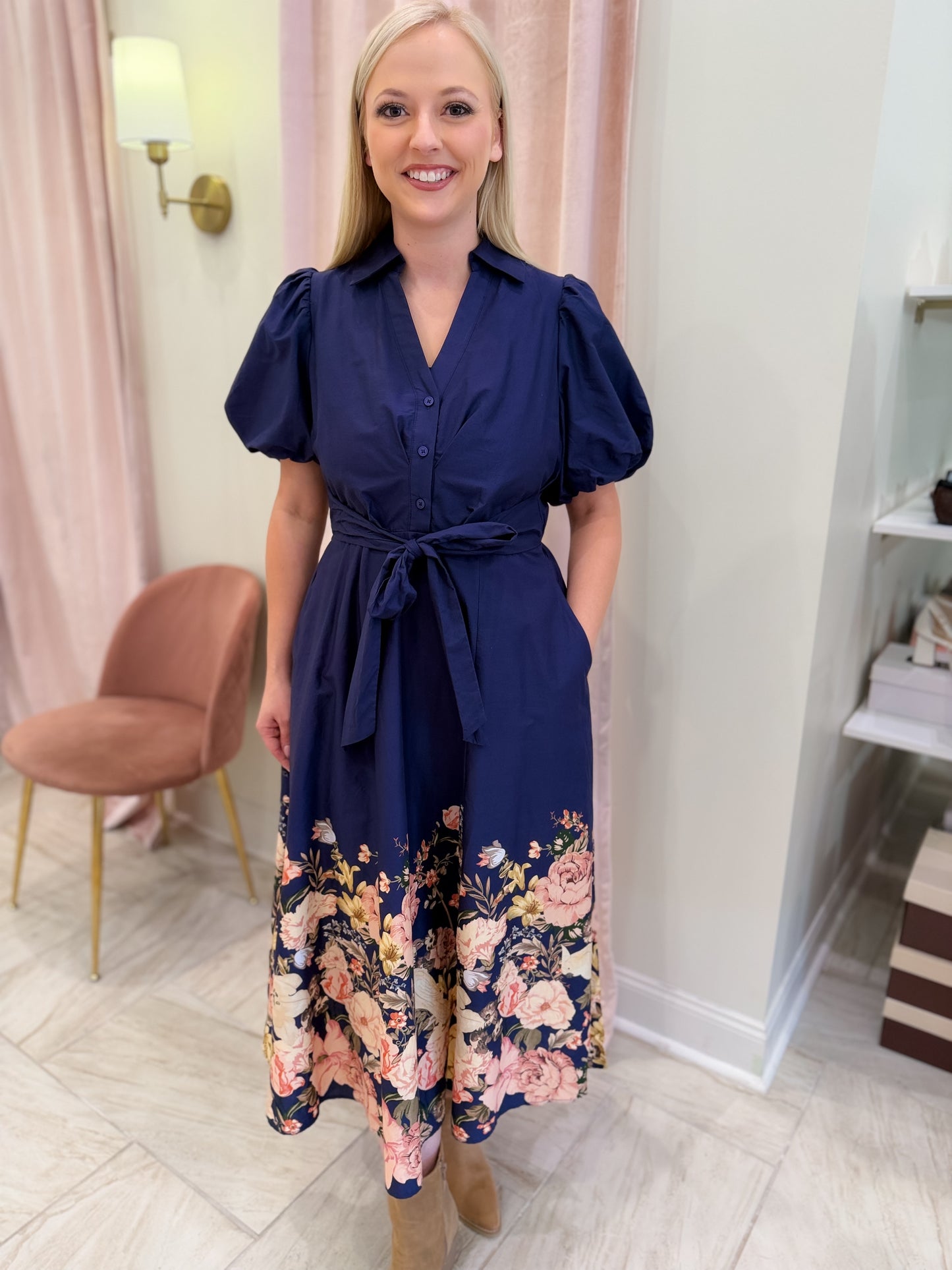 Navy Maxi Dress With Floral Details