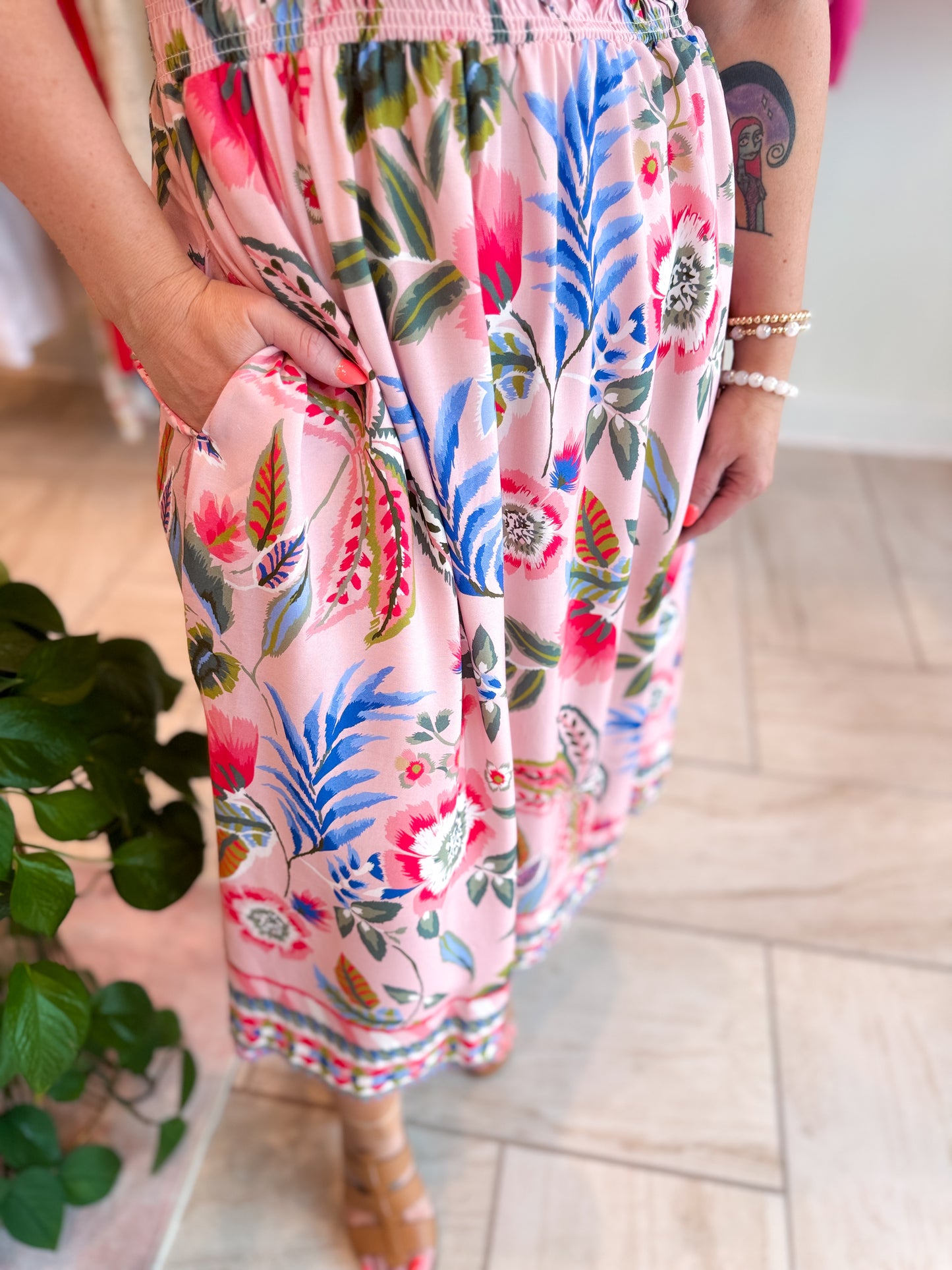 Printed Dress With Smocking At Waist