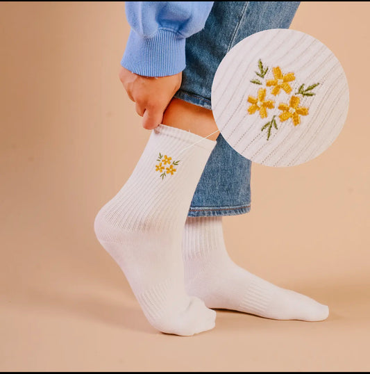 Embroidered Floral Yellow Crew Socks