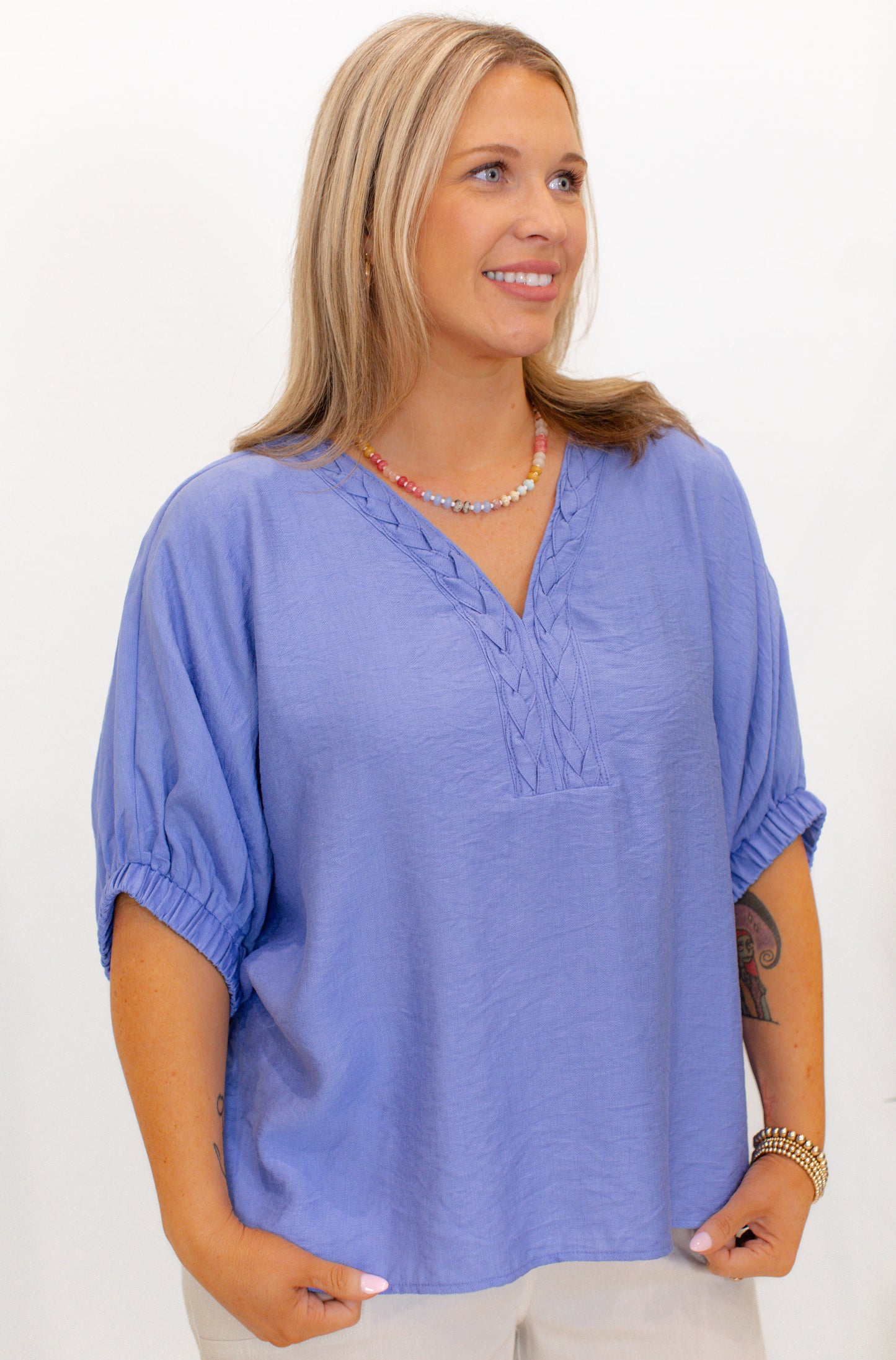 Solid Dolman Top Featuring V-Neck - Chambray