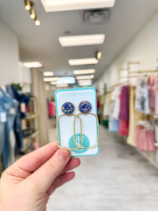 Glitter Top Blue Rectangle Hoops