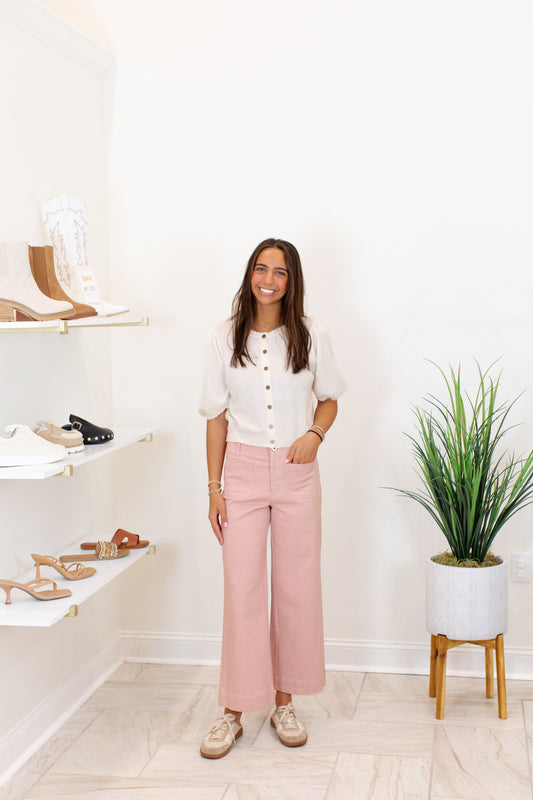Dusty Pink Cotton Twill Wide Leg Pant