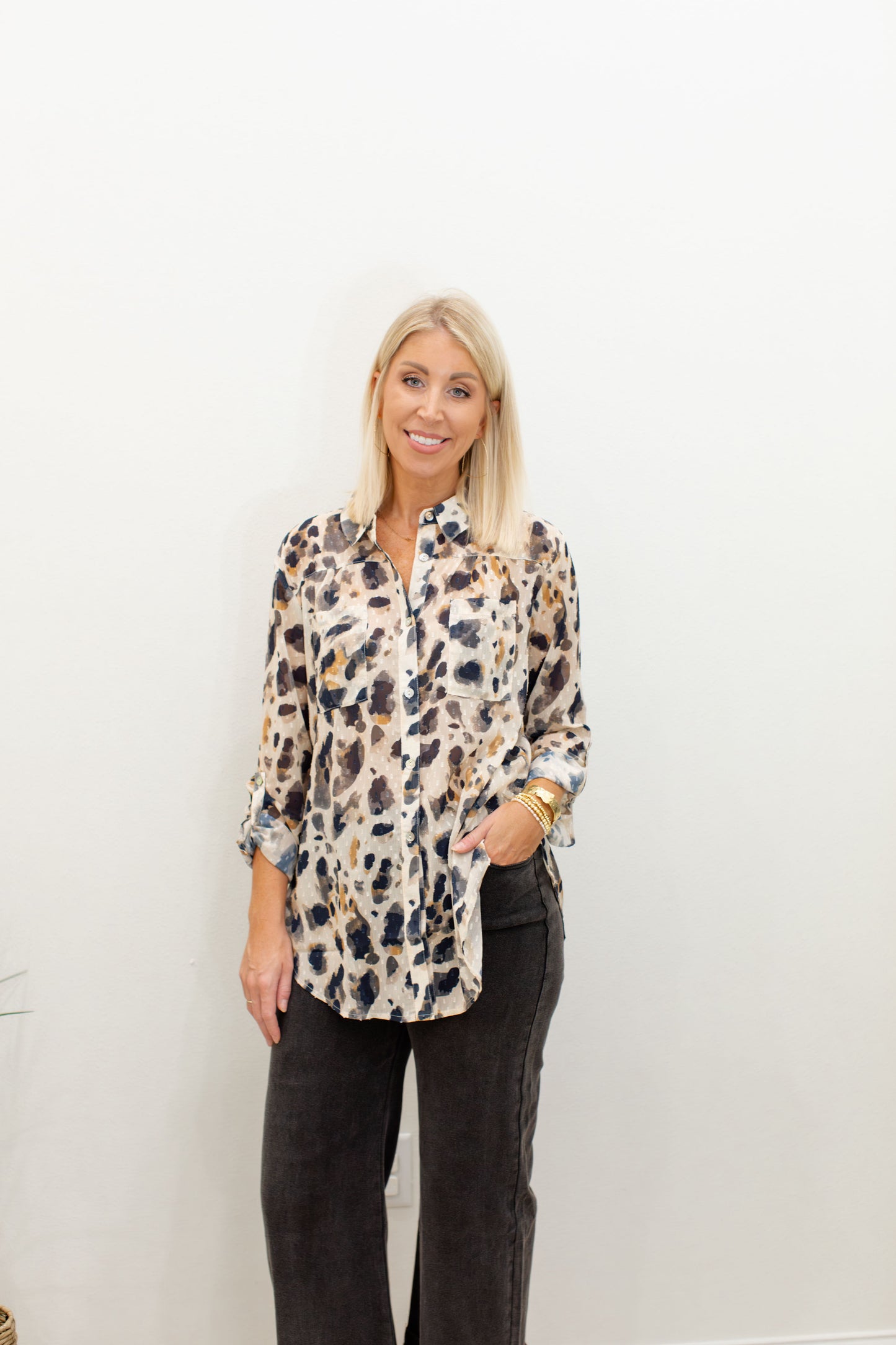 Long Sleeve Button Up Blouse With Front Tie