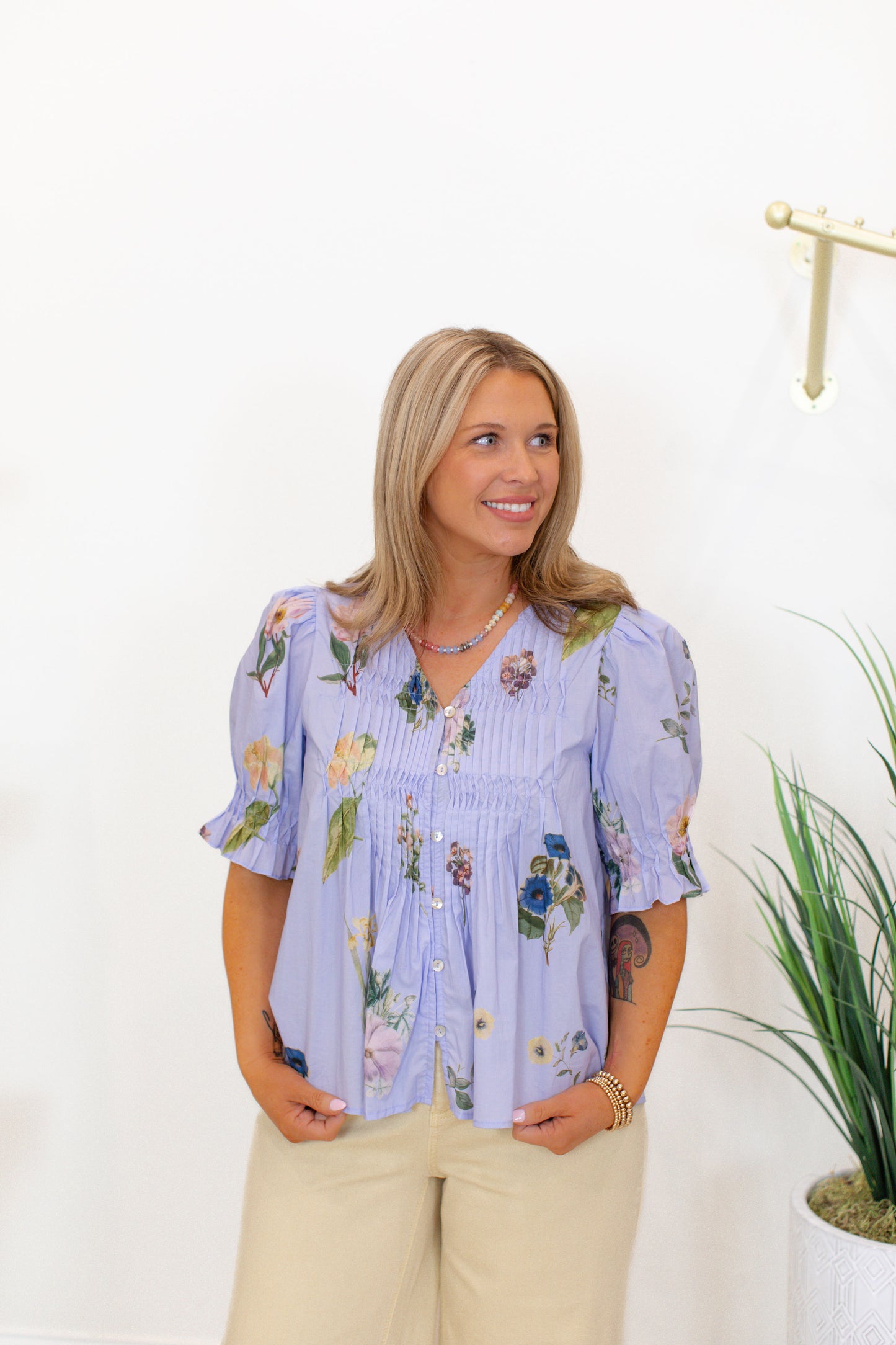 Blue Floral Button Up Top