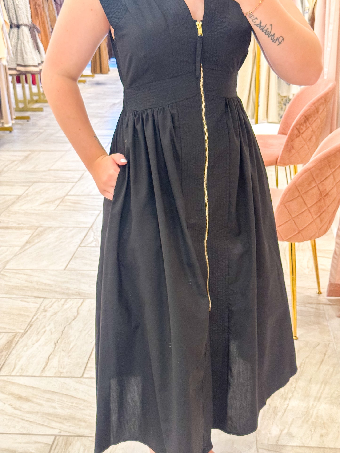 Black V-Neck Zip Up Midi Dress