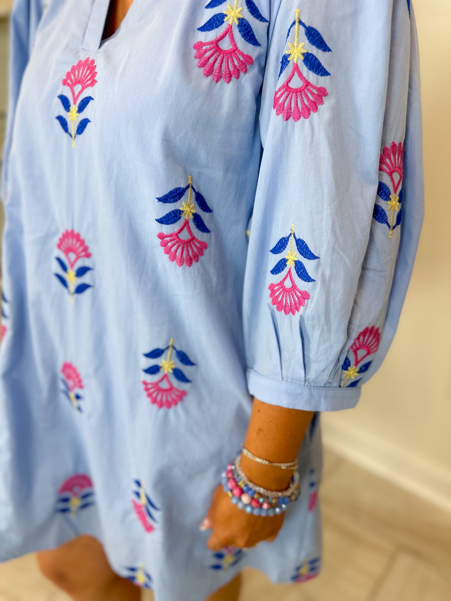 Embroidered 3/4 Puff Sleeve Mini Dress Featuring Split V-neck Band Collar