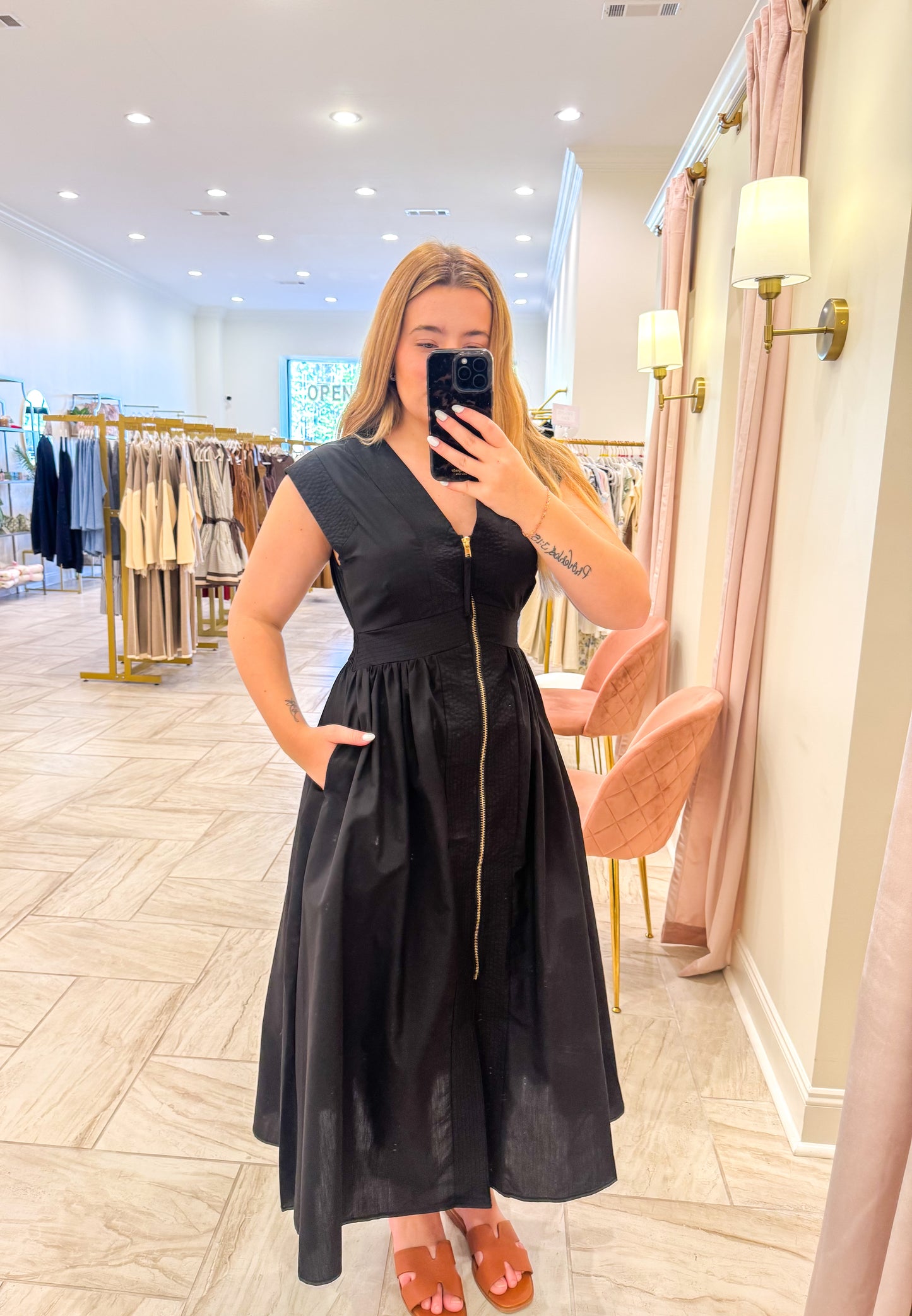 Black V-Neck Zip Up Midi Dress