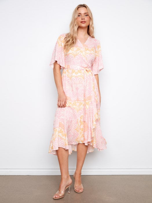 Printed Flutter Elbow Sleeve Fake Wrap Dress With Self Belt