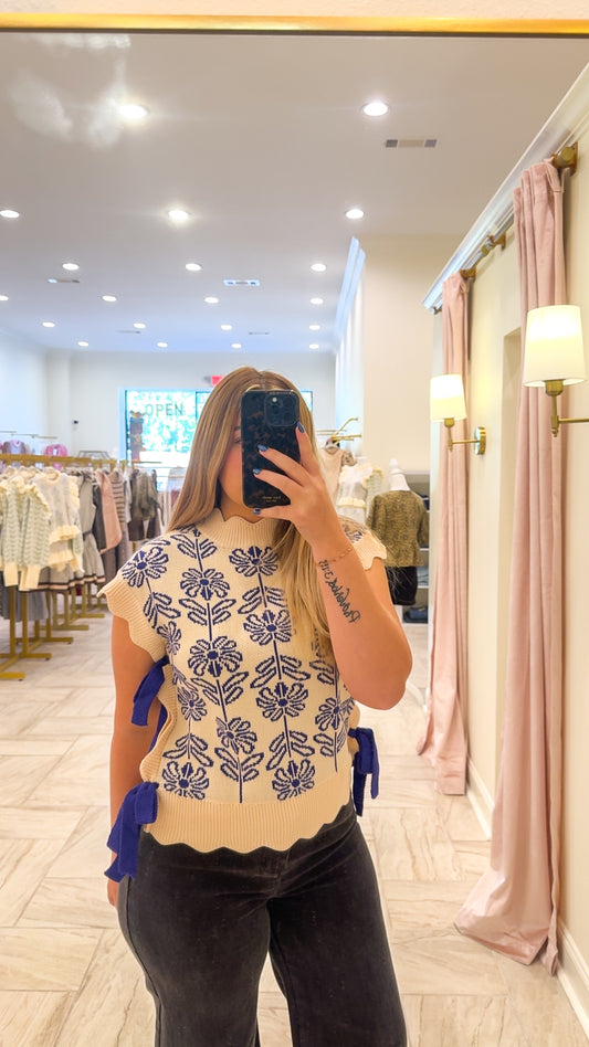 Crown Blue Mock Neck Floral Sweater Vest