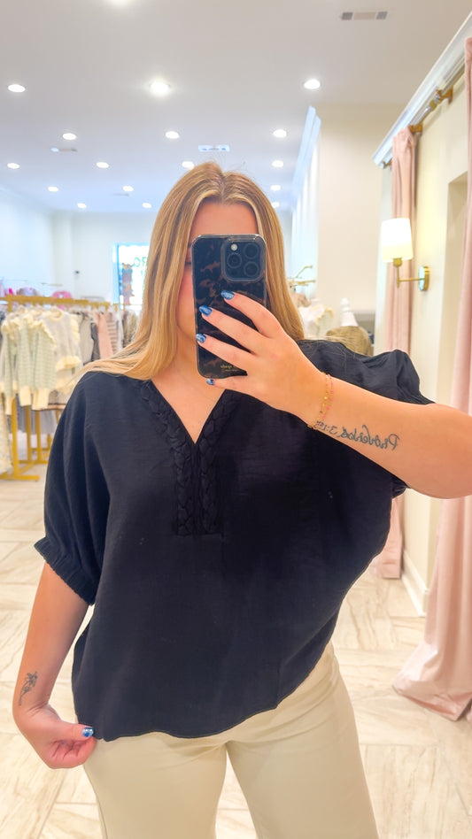 Black Braided V-Neck Top