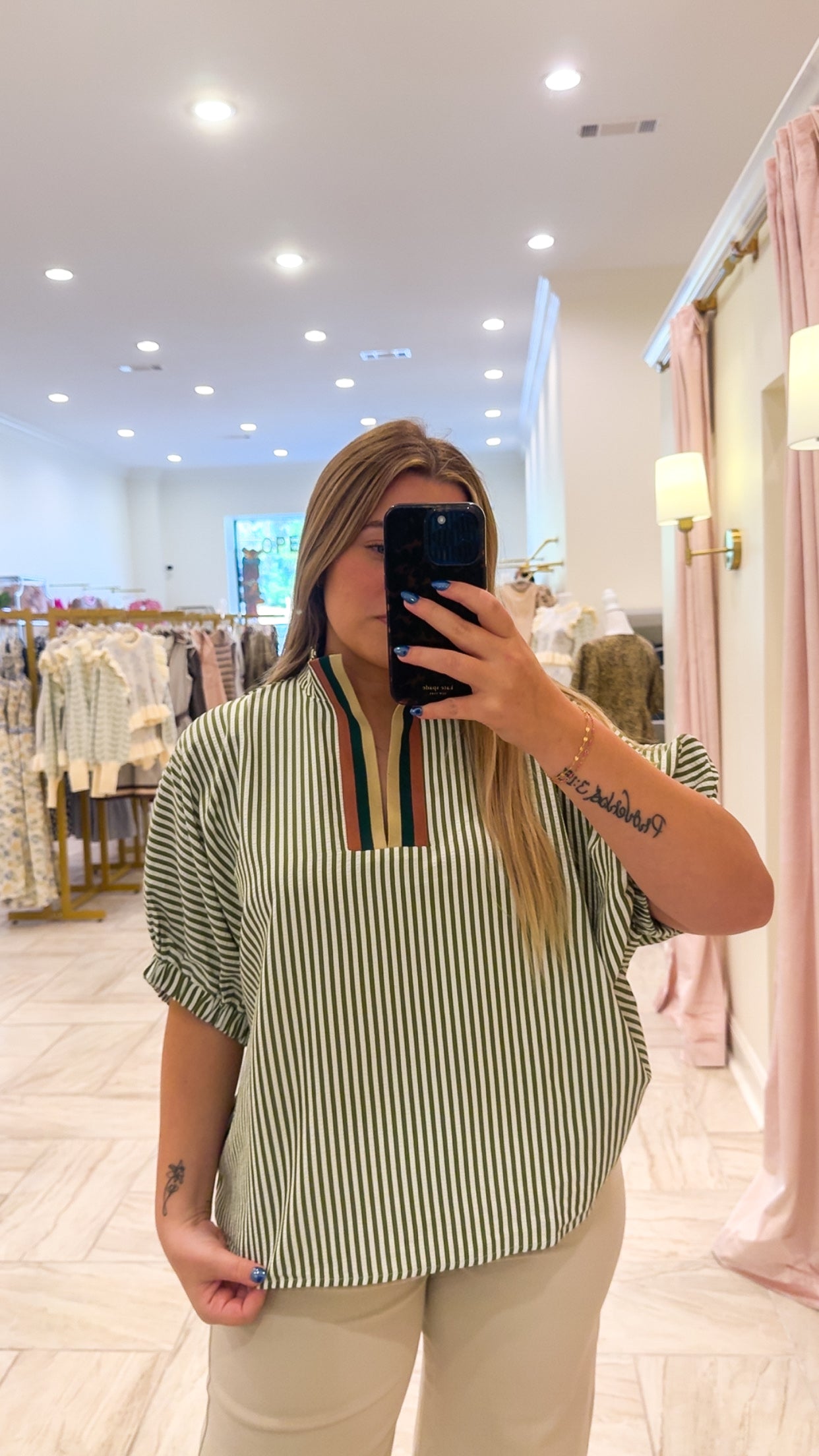 Collard Olive And White Striped V-Neck Blouse