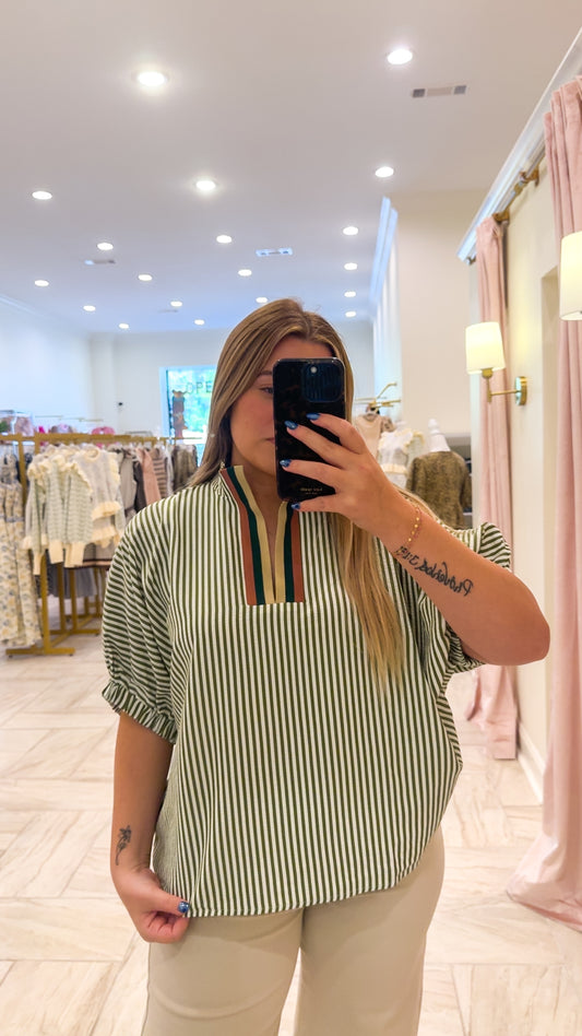 Collard Olive And White Striped V-Neck Blouse