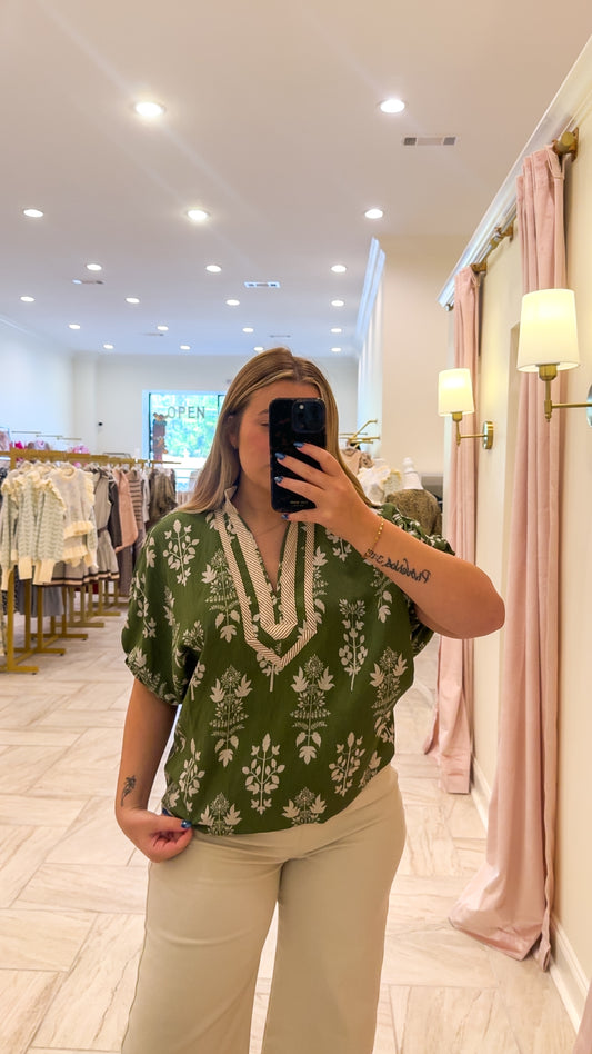 Olive V-Neck Floral Top