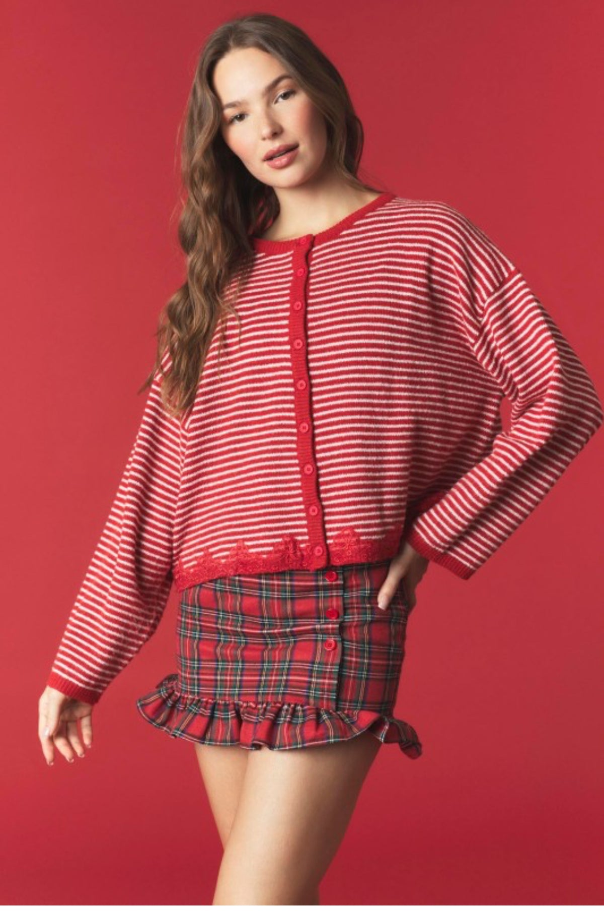 Red/Offwhite Striped Lace Hem Detailed Knit Cardigan