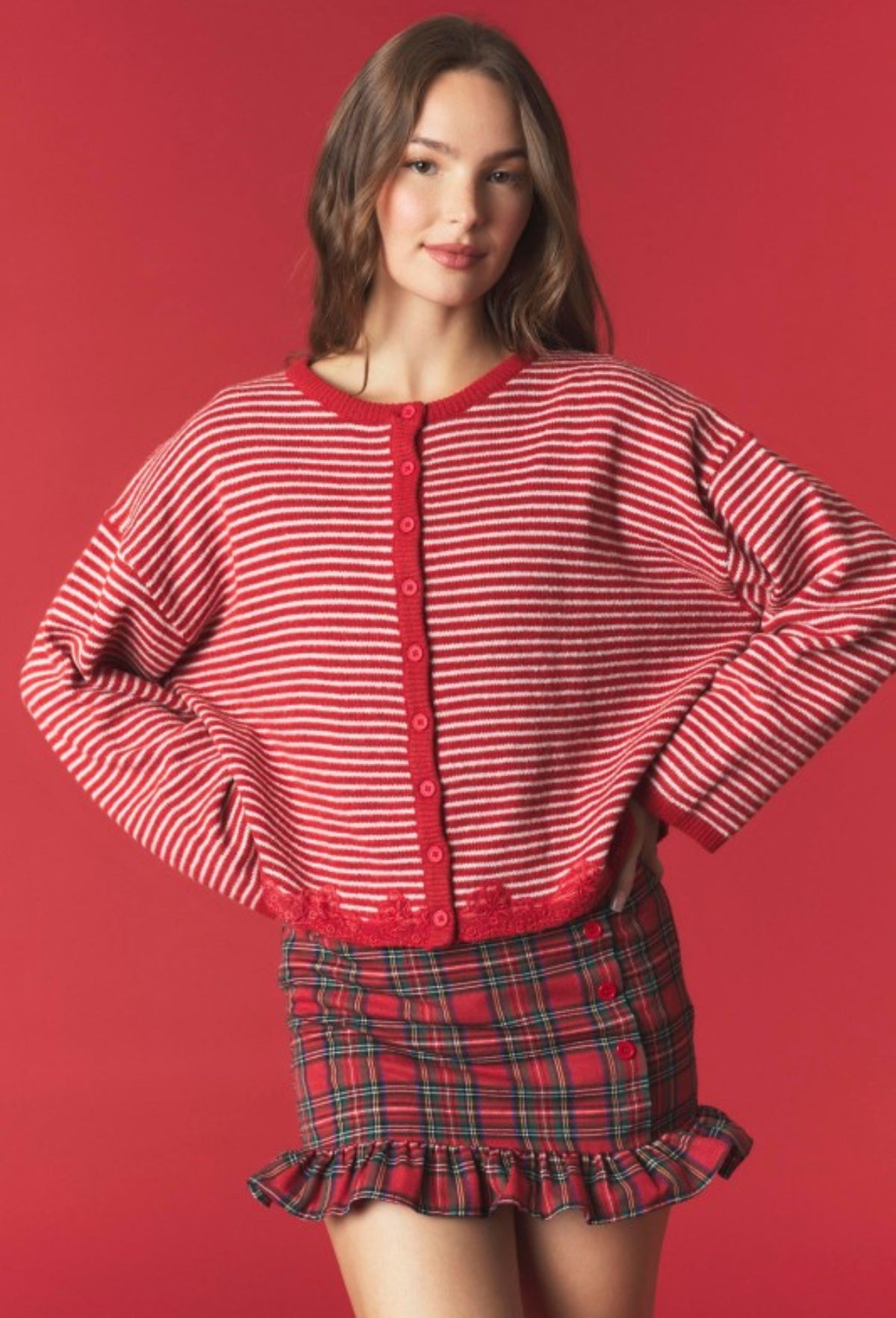 Red/Offwhite Striped Lace Hem Detailed Knit Cardigan
