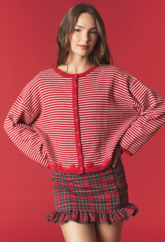 Red/Offwhite Striped Lace Hem Detailed Knit Cardigan