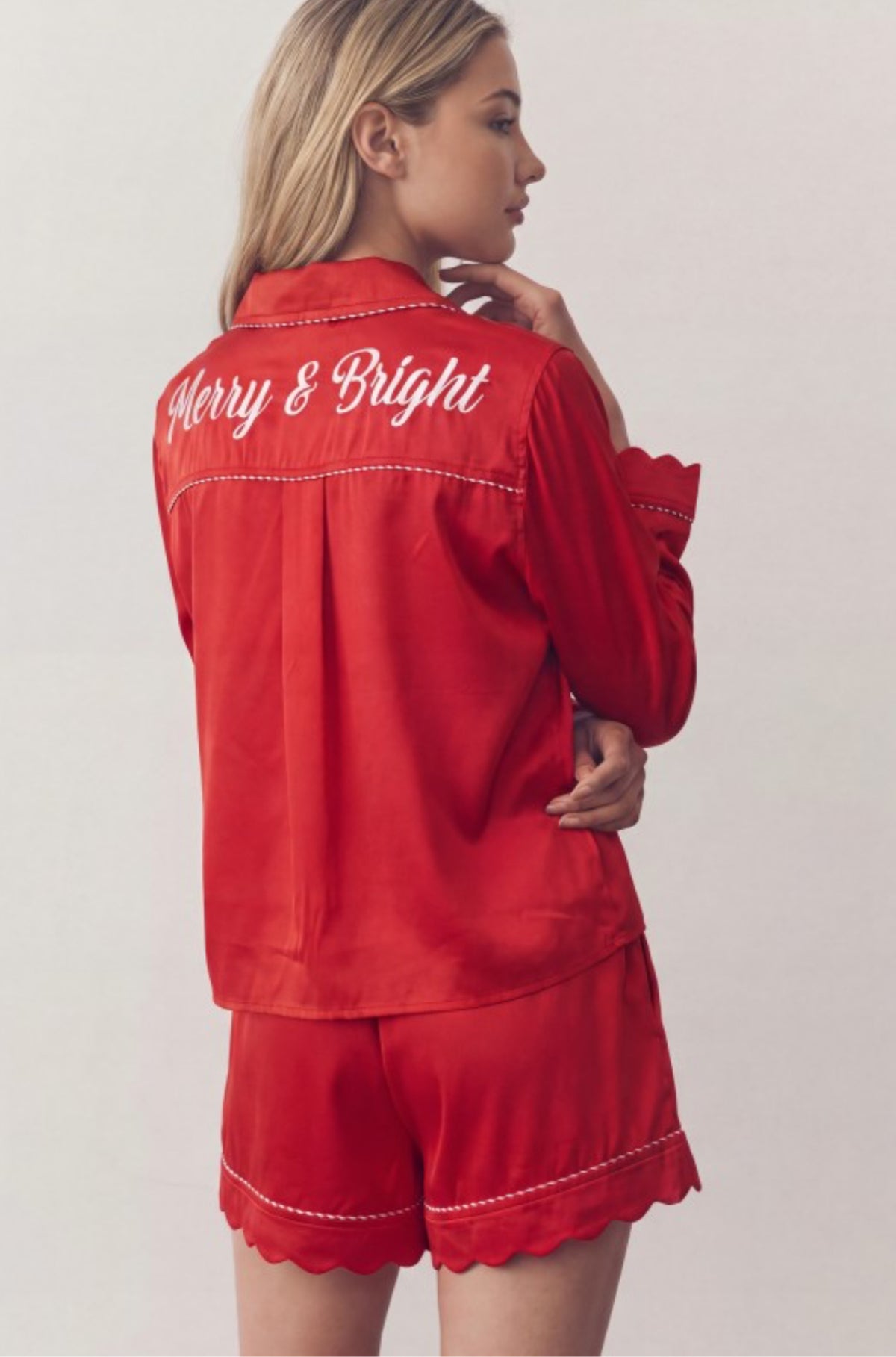 Gingham Piping Red/Offwhite Satin Pajama Set