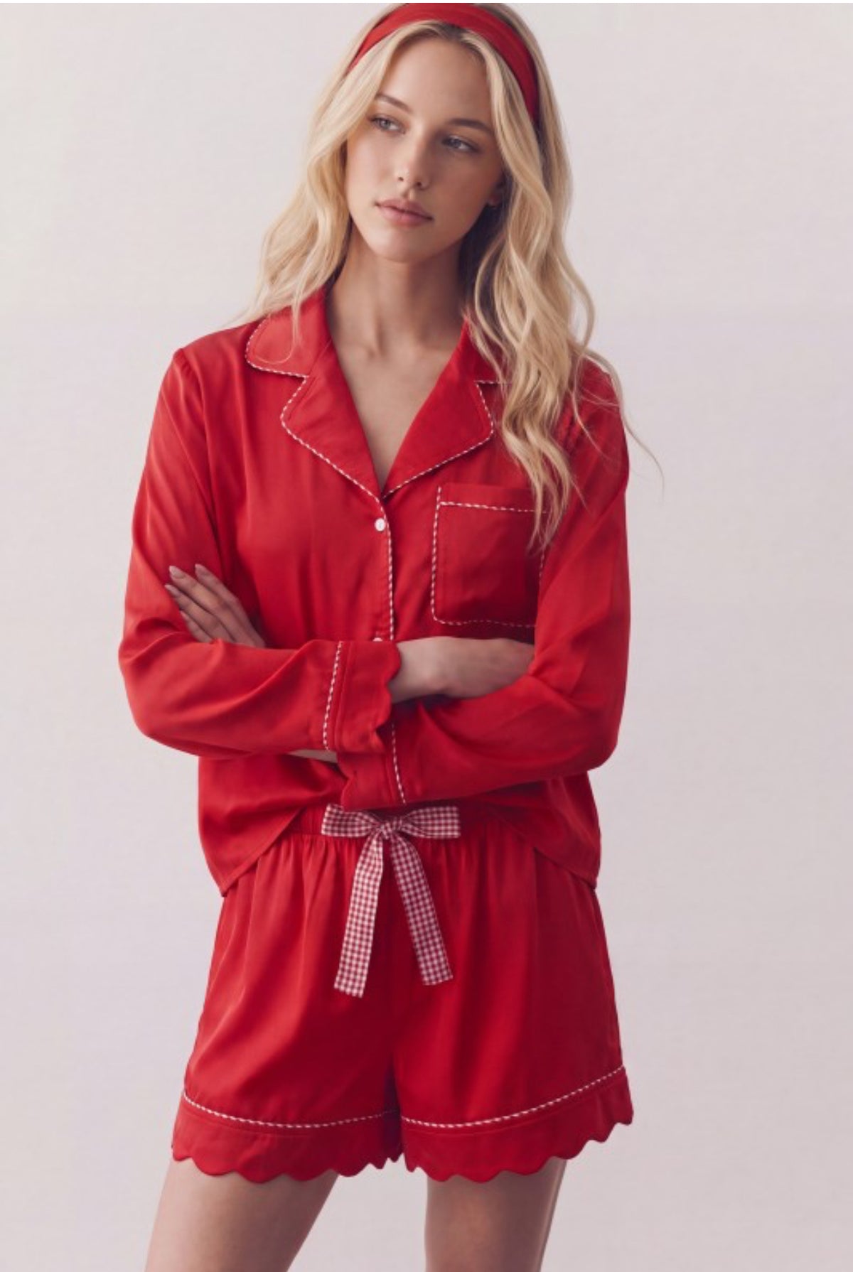Gingham Piping Red/Offwhite Satin Pajama Set