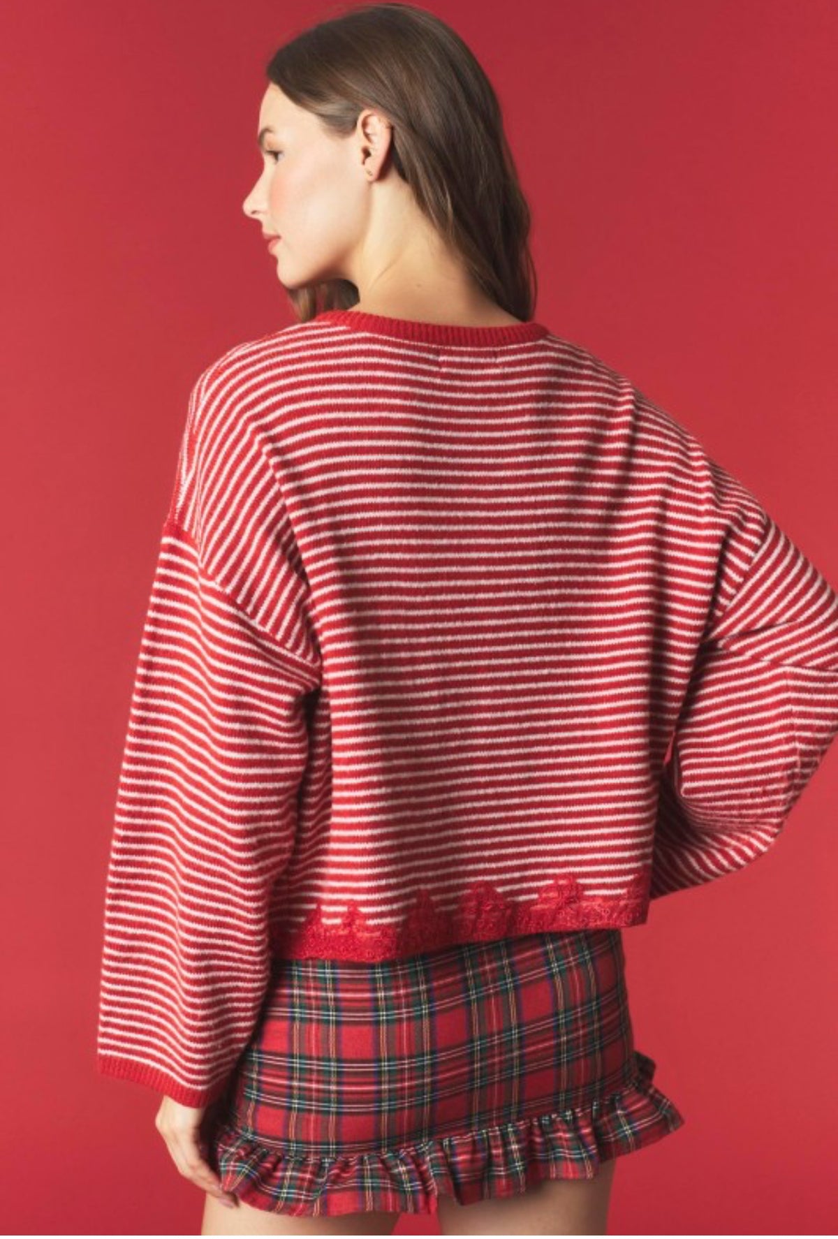 Red/Offwhite Striped Lace Hem Detailed Knit Cardigan